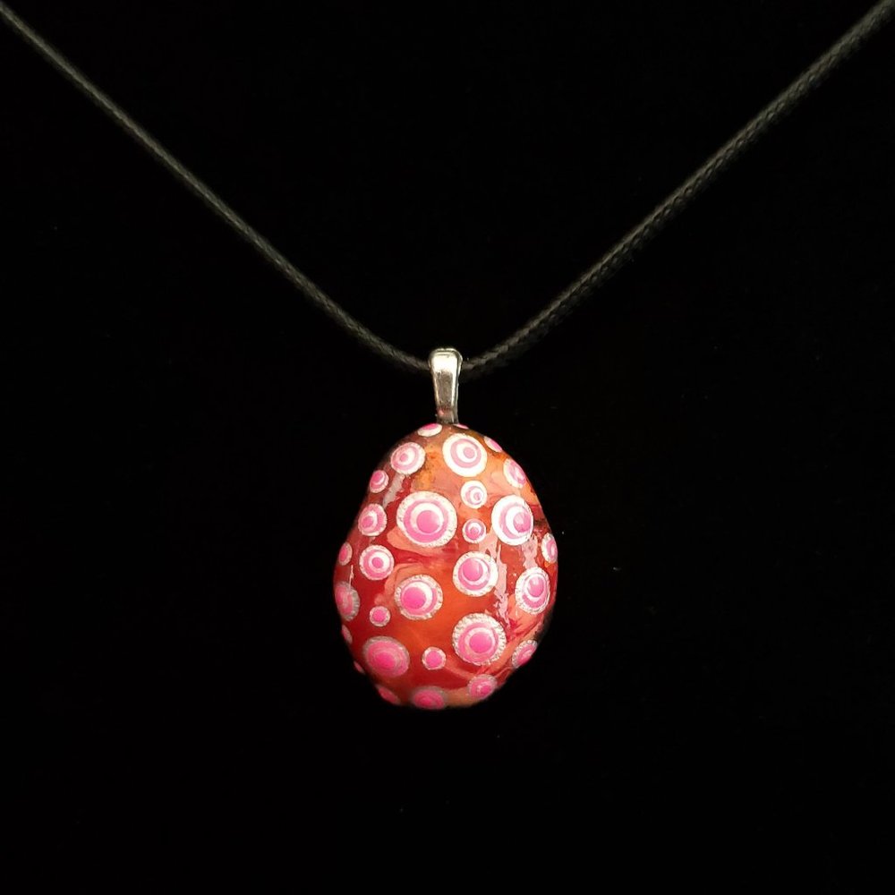 Hand Painted Dot Art Pendant, Pearl and Hot Pink